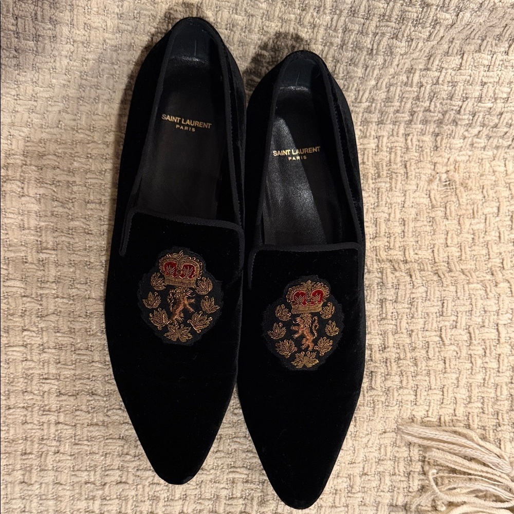 Saint Laurent Men’s Crest Venetian   Embroidered Black Velvet Loafers